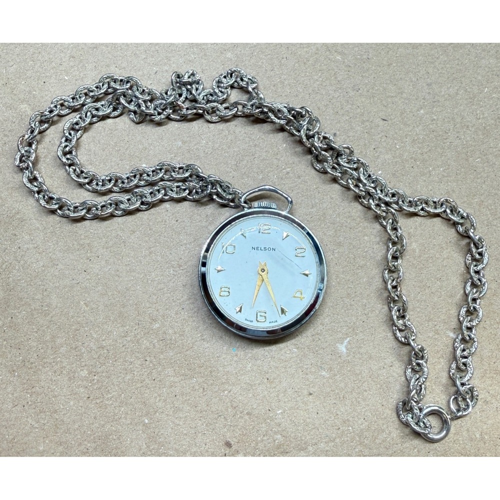 Vintage Nelson Swiss Made Self Winding Pocket Watch Pendant Necklace Silver Tone